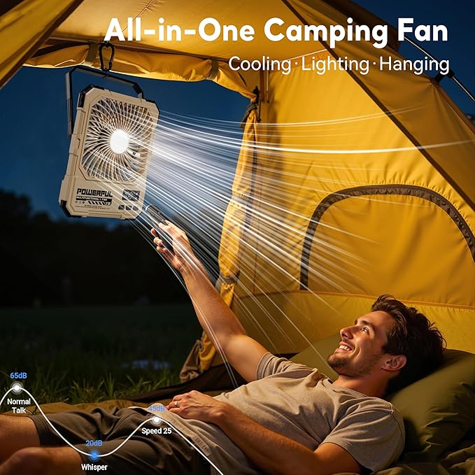 Portable Fan, Camping Fan, 20000mAh 6-Inch 18-85H Rechargeable Ultra Thin Foldable with Built-in Power Bank, LED Light, Remote Control, Hook for Outdoor Camping Tent RV Travel (Khaki)