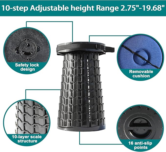 ALEVMOOM 2025 XXL 19.7" Collapsible Stool with Cushion, Capacity 1000lbs Portable Stools for Adults Heavy Duty, Adjustable Height Telescoping Folding Stool, for Outdoor Camping Travel Hiking Fishing