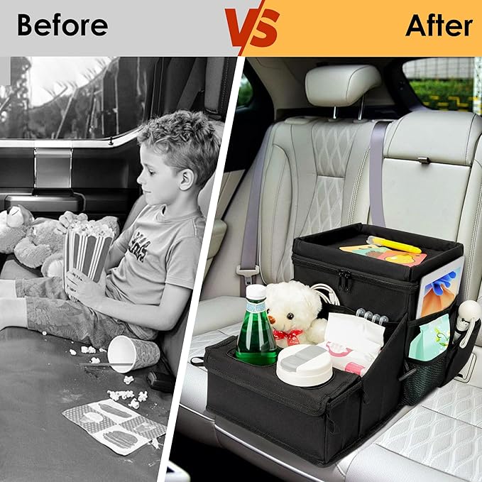 Car organizer for kids ，Backseat Organizer for Kids and Passenger Seat Organizer for Adults ，Car Seat Cooler and Warmer with Cup Holders and Convertible Tray Lid(Black)
