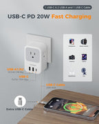 TESSAN European Travel Plug Adapter 2 Pack, Built-in 20W Retractable USB-C Cable, Type C Power Adapter with 3 AC Outlets 4 USB Ports for US to Europe EU Italy Spain France Greece Iceland Germany