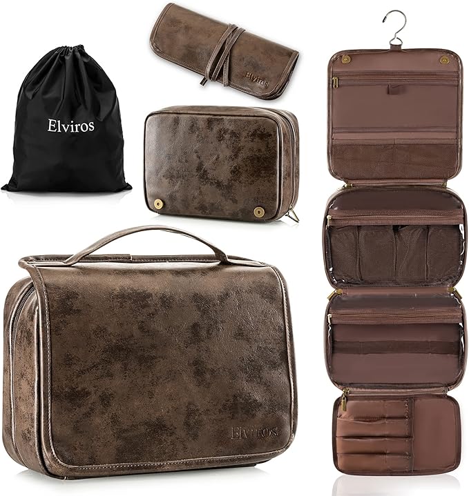 Elviros Hanging Toiletry Bag Removable Travel Bag PU leather Makeup Cosmetic Organizer Kit, Coffee