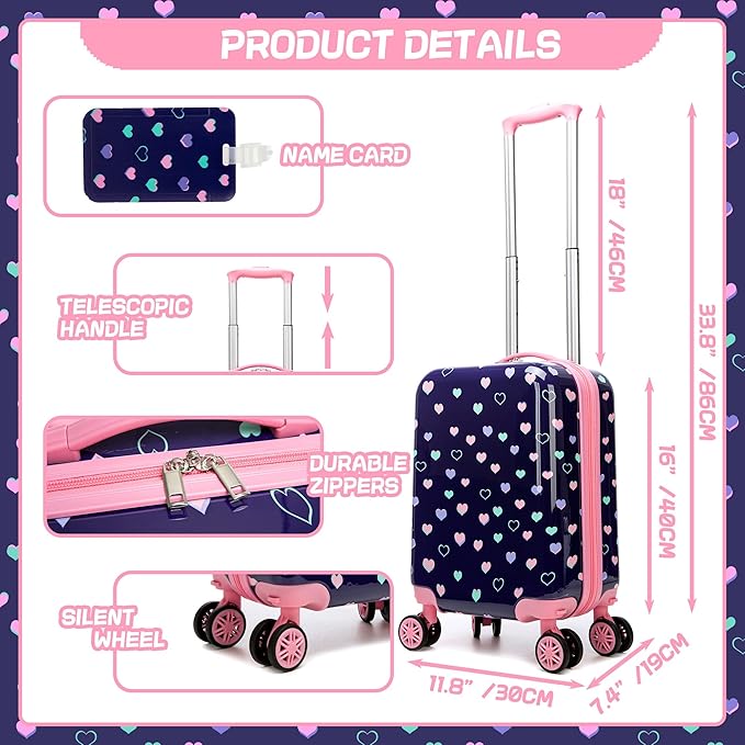 Kid’s Luggage Set 5 Piece Suitcase Set 16’’ Hardside Luggage with Spinner Wheels Girls Carry on Toddler Travel Rolling Suitcase Carry on Luggage Airline Approved