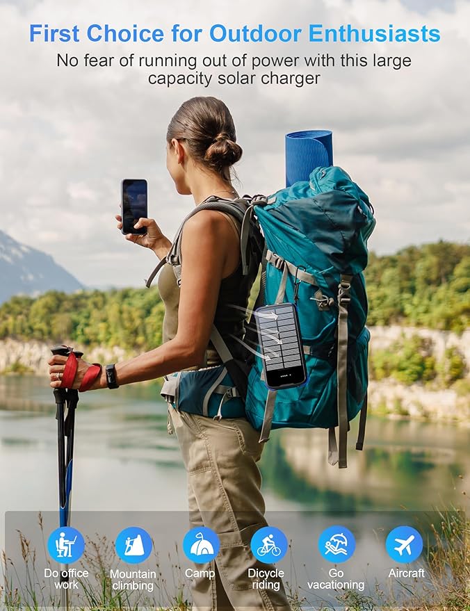 Solar Charger Power Bank, PD 20W Fast Charging External Batter, 40000mAh Portable Phone Charger Built in 4 Cables with Dual Bright Flashlights for Camping, Hiking, and Outdoor Use (Blue)