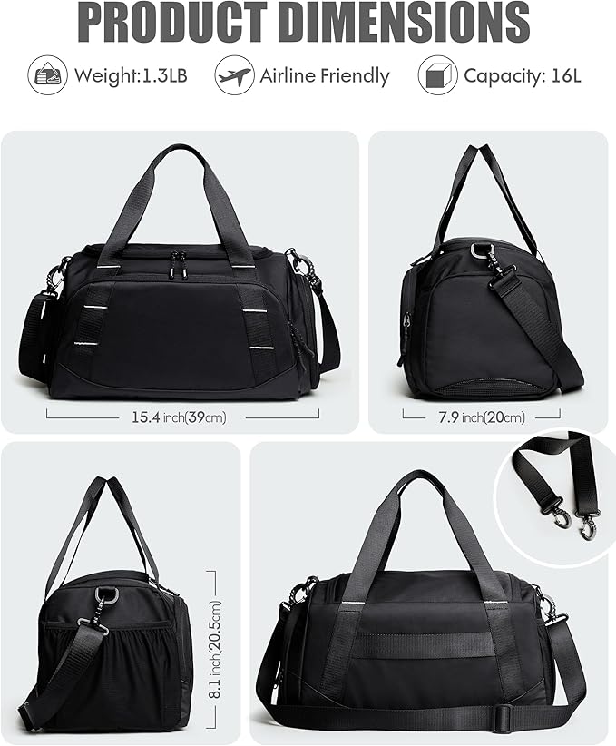 Small Gym Bag for Men, Travel Duffle Bag with Shoe Compartment, 16L Carry On Weekender Duffel Bag for Sports, Workout and Travel, Black