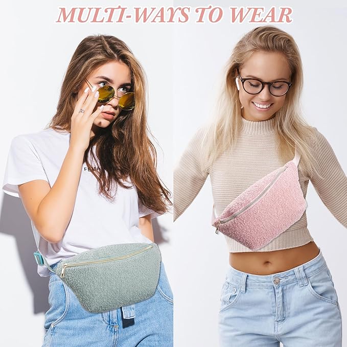 Amylove 9 Pieces Fanny Packs Nylon Waist Bag Zipper Travel Running Bag with Adjustable Strap for Women Men(Plush,Light Color)