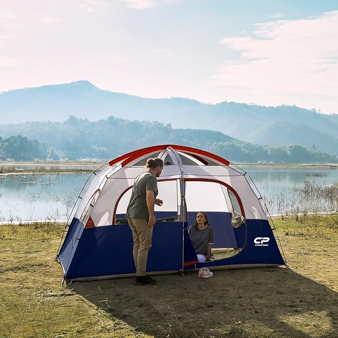CAMPROS CP Upgraded 6/8 Person Camping Tents, Waterproof Windproof Family Tent with Larger Mesh Windows & Door, Double Layer, Easy Set Up, All-Season Dome Tent with Top Rainfly & Carry Bag