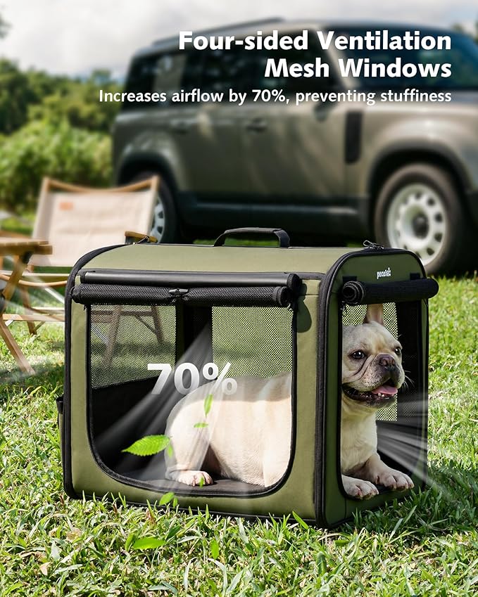 Dog Car Carrier Light Weight 24×17.7×20.5in, Dog Carrier Easy to Assemble, Dog Car Crate Portable and Breathable, Foldable Pet Carrier for Indoor and Outdoor, Dog Travel Crate with Curtain Green