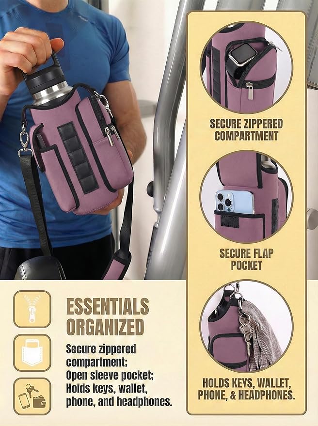 Magnetic Gym Tote Bag Holder for 18-40 oz Water Bottle,Neoprene Pouch with Phone Pocket,Men Women Workout Accessories