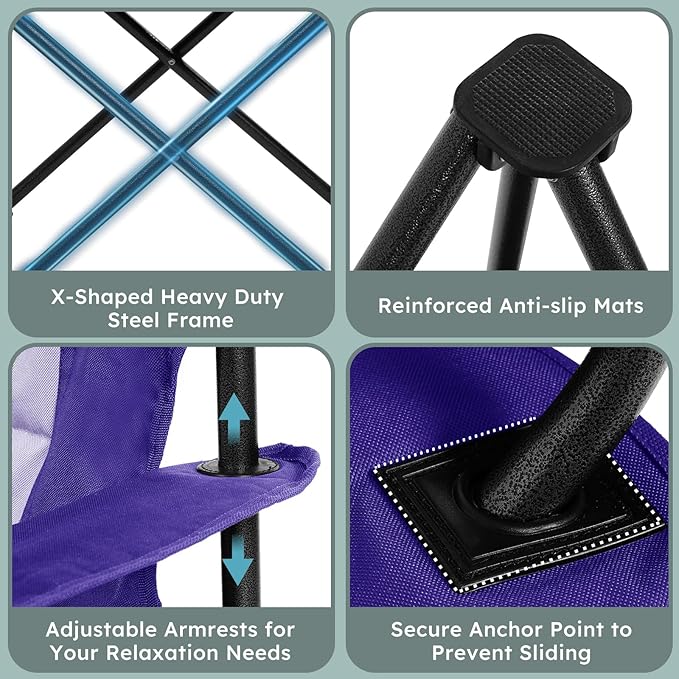 Colegence Heavy Duty Camping Chair for Adults, Oversized Foldable Outside Camp Chairs Carry Bag Included, with Cooler Bag Cup Holder, Side Pocket for Lawn,Sport,Outdoor,Deep Purple