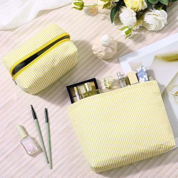 Huhumy 2 Pcs Makeup Bag Set Cute Cosmetic Pouch for Women Seersucker Travel Toiletry Bag Preppy Small Makeup Purse Pouch Aesthetic Skincare Brushes Storage Organizer for Valentine Women(Yellow)