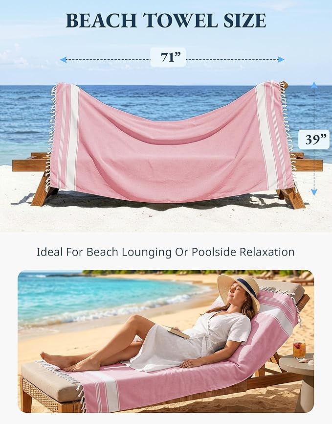 LANE LINEN Turkish Beach Towels, 2 Pack Extra Large Beach Towel, Pre-Washed for Soft Feel, Oversized Sand Free Quick-Dry Pool Towel, Beach Towels for Adults, 39"x71" - Candy Pink
