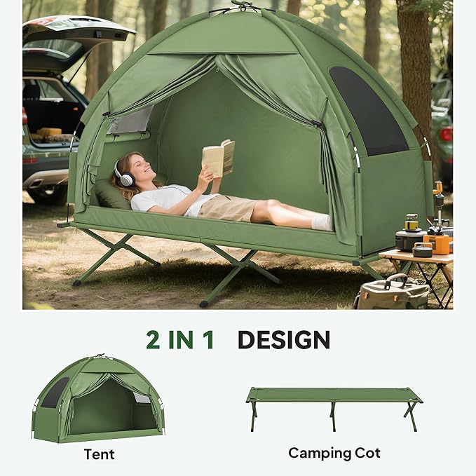 Outsunny Camping Tent Cot, Single Person Folding Cot Combo, Off-Ground Tent, Covered Outdoor Bed with Carry Bag for Hiking, Camping