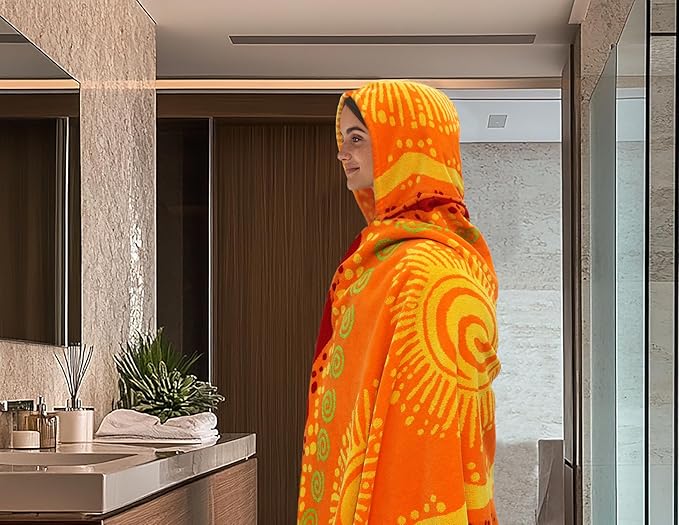 COTTON CRAFT Hooded Beach Towel – Oversized 35 x 70 Towel with Hood for Adults - 100% Cotton Velour Terry Jacquard Towel - Pool Bath Wrap - 450 GSM Soft Absorbent Quick Dry – Sunshine Orange Yellow