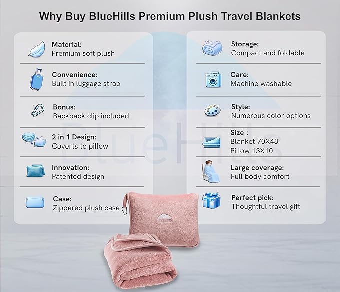 BlueHills Premium Soft Long Travel Blanket Pillow for Tall Airplane Flight Blanket 70 X48 inch Throw in Soft Bag case with Backpack Clip Compact Large Plane 2 in 1 Combo Pink T055