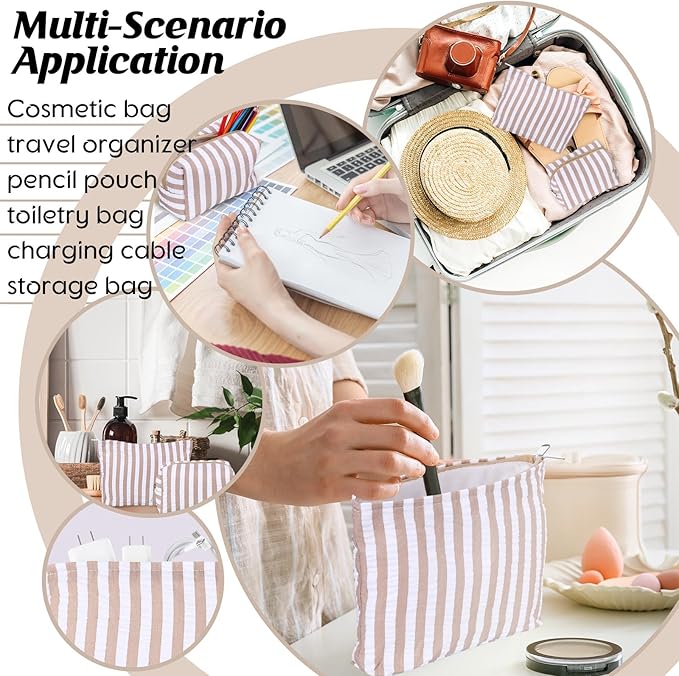 Huhumy 2 Pcs Makeup Bag Set Cute Cosmetic Pouch for Women Seersucker Travel Toiletry Bag Preppy Small Makeup Purse Pouch Aesthetic Skincare Brushes Storage Organizer for Valentine Women(Khaki Wide)