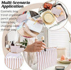 Huhumy 2 Pcs Makeup Bag Set Cute Cosmetic Pouch for Women Seersucker Travel Toiletry Bag Preppy Small Makeup Purse Pouch Aesthetic Skincare Brushes Storage Organizer for Valentine Women(Khaki Wide)