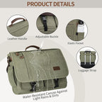 ESTARER Messenger Bag 17.3 Inch, Mens Computer Bag Water-resistant Canvas, Laptop Bag Satchel Briefcase for Teacher/College/Work/Travel, Army Green
