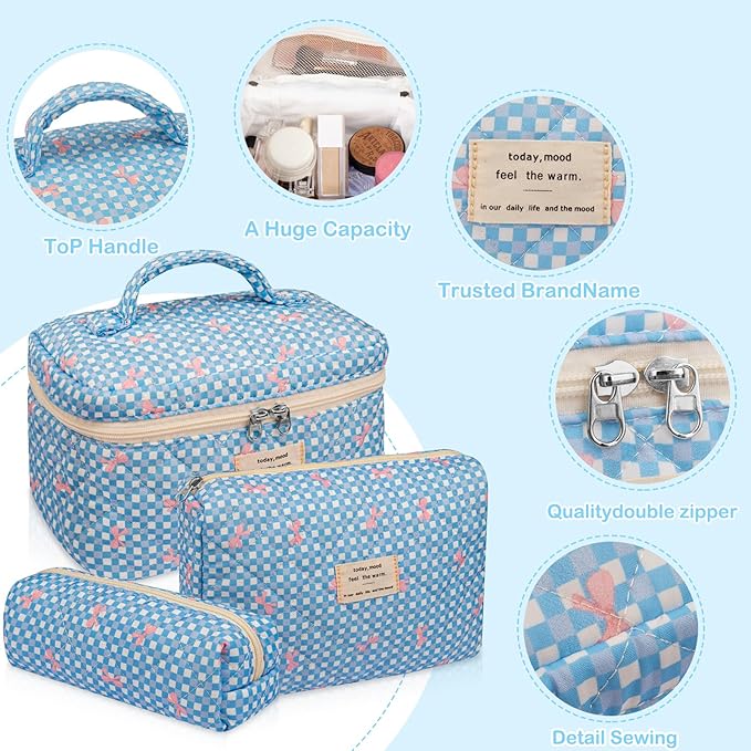 Gosect 3PC Makeup Bag Set, Cute Cosmetic Bag for Women Girls, Floral Coquette Aesthetic Toiletry Bag, Travel Make Up Organizer Bag (Blue Check)