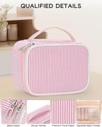 Relavel Travel Makeup Bag, Small Pink Cosmetic Bag with 2 Makeup Brush Holders, Portable Makeup Pouch for Women, Cute Toiletry Bag with Double Layer Organizer, Strip