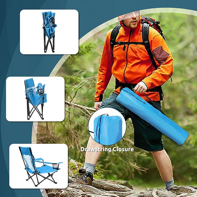 HaSteeL Folding Beach Chair Set of 3, Foldable Blue Camping Chairs & Grey Table for Outside, Low Beach Chair Portable for Adults Fishing, Picnic, Outdoor BBQ, Travel, Sports, Cup Holder & Storage Bag