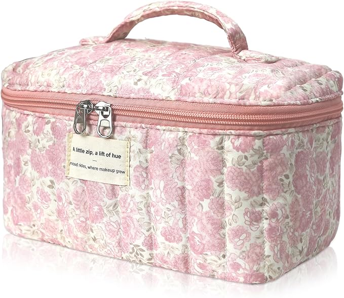 Gosect Large Makeup Bag, Cute Cosmetic Bag for Women Girls, Floral Coquette Aesthetic Toiletry Bag, Travel Make Up Organizer Bag (Crushed Flower)