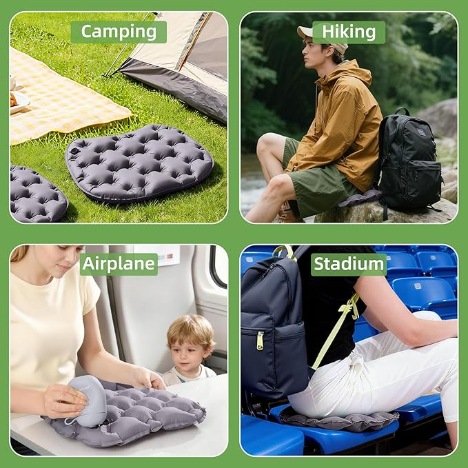 Inflatable Seat Cushion with Air Pump, Airplane Seat Cushion for Long Flights, Lightweight Stadium Seats Pad, Travel Portable Push-Press Air Seats Cushions for Hiking Office Car(Gray)