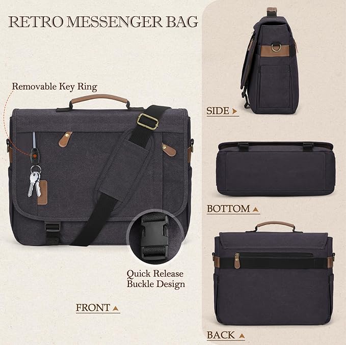 RAINSMORE Messenger Bag for Men 17-17.3 Inch Laptop Bag Water-resistant Canvas Computer Shoulder Bag Office Work Briefcase Large Casual Satchel Bags for Men Bookbag for College, Gray