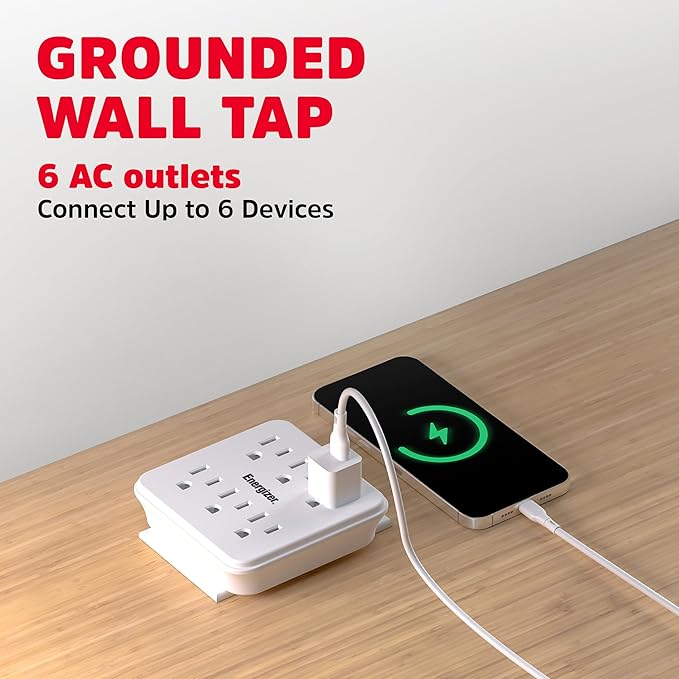 Energizer 6 Device Multi Plug Wall Outlet Extender (6) AC Power Outlets Grounded Power Strip Expander Outlet Splitter Plug in Adapter