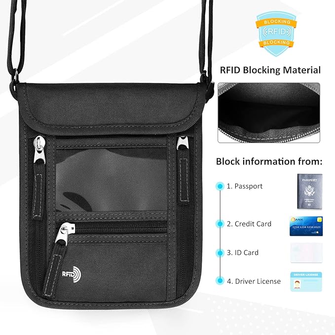WALNEW Passport Holder Neck Pouch Travel Wallet for Women and Men, RFID Blocking Security Slim Traveling Wallet with Around Neck Lanyard Strap, Black