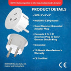 OREI American USA To European Plug Adapter – Type E/F Schuko Plug Adapter - Use in Germany, France, & More - CE Certified – For Mobile, Laptop & Camera Chargers - 6 Pack