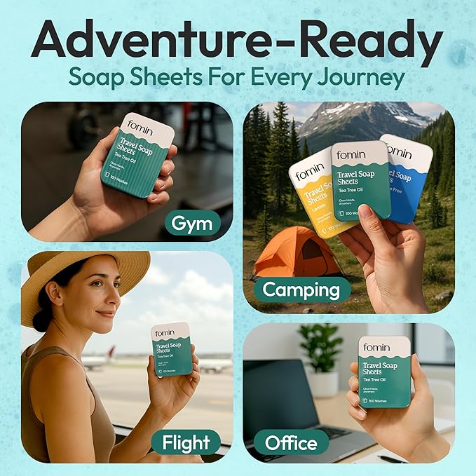 FOMIN - Antibacterial Paper Soap Sheets Tin for Traveling - 3 Pack Tea Tree - Portable Travel Hand Soap Sheet, Dissolvable Mini Camping Hand Soap for Hand Washing