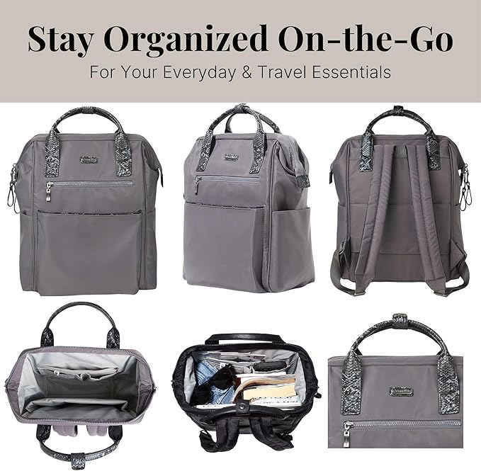 Baggallini Soho Backpack - Travel Laptop Backpack for Women - Lightweight Water-Resistant Luggage Bag, Smoke/Faux Python