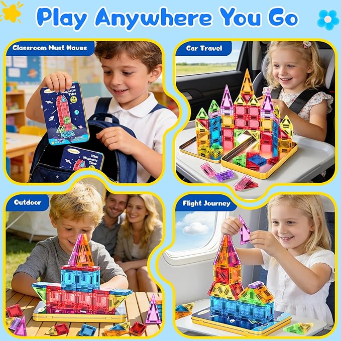 Magnetic Tiles Magnetic Blocks Building Toy: Portable Mini Magnetic Tiles Travel Set 48 Pieces Montessori Toys Birthday Gift for Kids Girls and Boys Ages 3-12 Years Old Preschool Classroom Must Haves