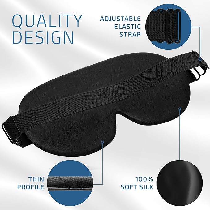 Jersey Slumber 100% Silk Sleep Mask for Women Men Side Sleeper - Light Blocking Eye Mask for Sleeping, Zero Pressure Soft Blindfold, Adjustable Strap, Silk Eye Cover for Travel Nap - Black