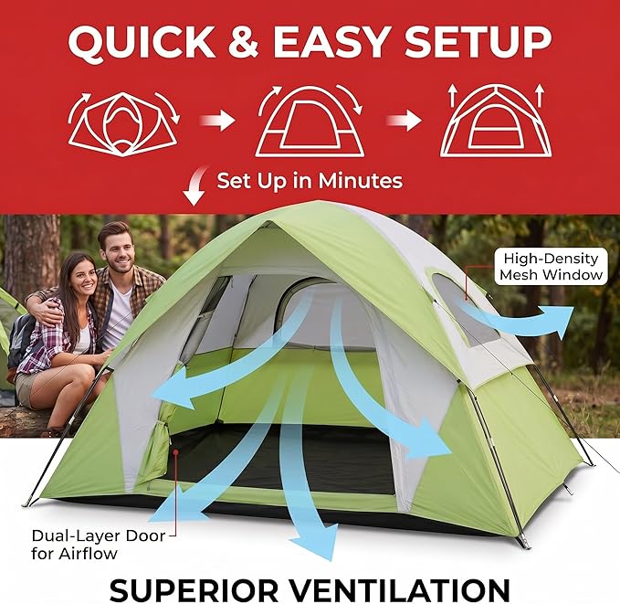 XL 1/2/3/4 Person Dome Camping Tent,Tents for Camping,Tents for Camping Waterproof,Double Layer Waterproof, Removable Rain Fly, for Outdoor Hiking, Fishing