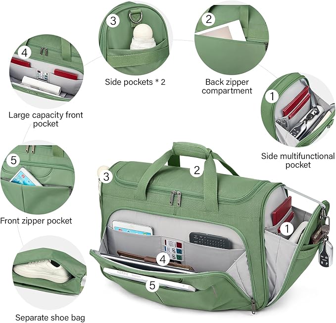 Hanke Large Capacity Travel Duffel Bag, Carry On Luggage with 12 Pockets, 17 Inch Laptop Compartment, Wet Dry Separation & Independent Shoe Bag, Foldable Duffel Bag for Women Men（Forest Green）