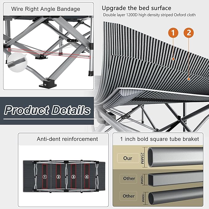 ABORON Camping Cot for Adult 28" Extra Wide, Heavy-Duty 1200D Oxford Cot for Sleeping, Portable Folding Camp Bed with Mat & Carry Bag