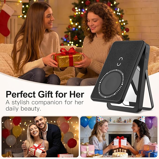 Magnetic Wireless Power Bank, 5000mAh Portable Charger with LED Makeup Mirror & Phone Stand, 20W USB-C Fast Charging Battery Pack for iPhone 17/16/15/14/13/12 Series, Black Totem