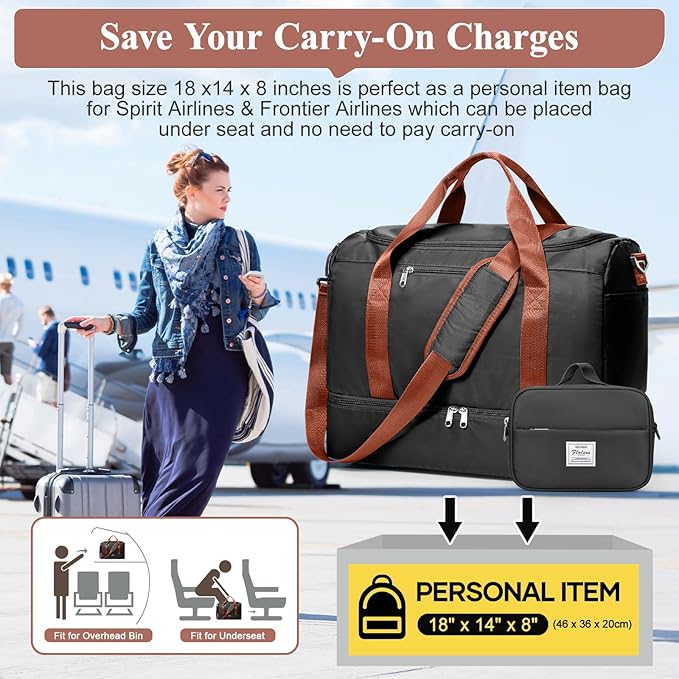 Travel Duffel Bag for Women, Carry-on Overnight Weekender Bags with Wet Pocket, For Spirit Airlines 18x14x8 Personal Item Bag,Small,Black & Brown