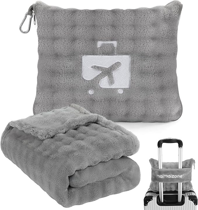 Gray Travel Blanket for Airplane, Soft Lightweight Flannel Blanket, Compact & Portable with Storage Bag, Luggage Strap & Clip, Cozy Travel Essential for Flights, Road Trips & More,40.7''×64.1‘’