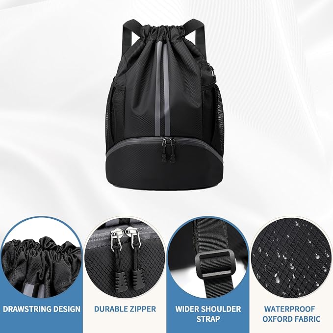 JELUTAR Drawstring Backpack Gym Bag with Shoes Compartment for Soccer, Basketball, Swim, Water-Resistant String Backpack Beach Cinch for Women Men, Black, Medium