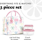 Fit & Fresh Bloomington Lunch Bag for Women - Insulated Large Lunch Box for Work with Containers, Leak-Resistant, Stain-Resistant, Zipper Closure, Pink Dainty Bows