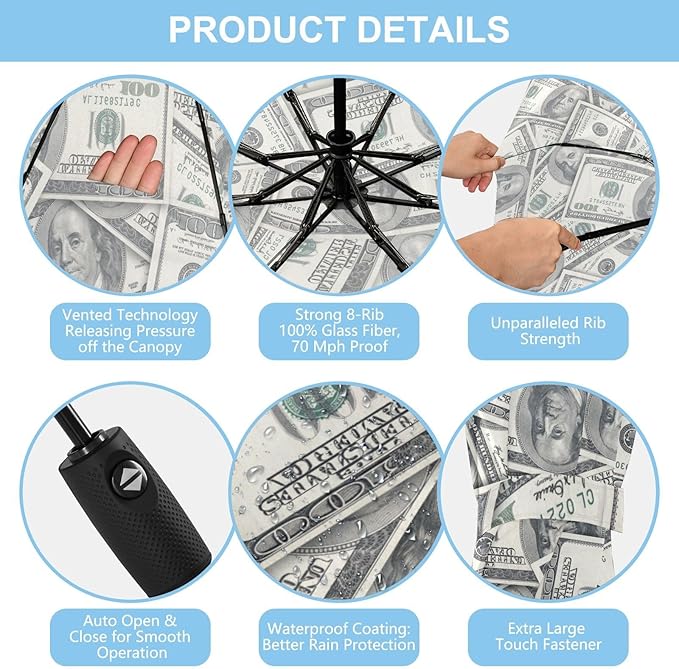 Folding Umbrella Windproof Travel Umbrellas Money Hundred Dollar Bill Light Portable Manual Rain Umbrellas for Man Women