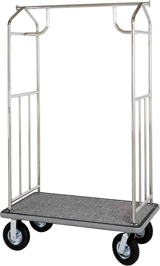 Stainless Steel Luggage Cart – 800lb Capacity – Bellman Cart w/ 6” Air Filled Tires & Gray Carpet, for Hotel, Resorts, Condos, Commercial Use (Value Valet Series)