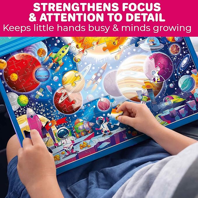 QUOKKA Magnetic Puzzles for Kids Ages 4-6 – 100 PCS Magnetic Puzzle Book for Toddlers 3-5 – 2 Puzzles & 2 Spot The Difference Maps – Search & Find Travel Games – Space, World Map Toddler Travel Toys