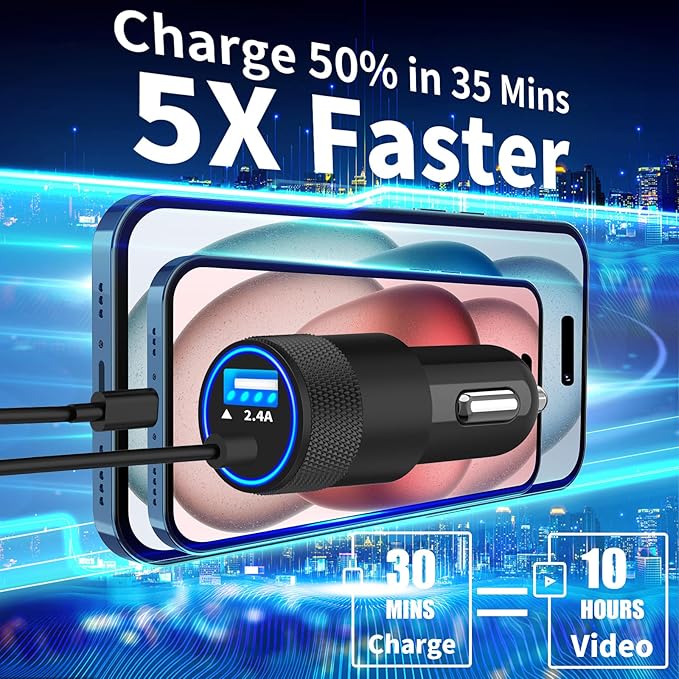 【Apple MFi Certified】iPhone 17 Car Charger, Caiinei 4.8A USB Car Power Cigarette Lighter Adapter USB-C Carplay Fast Charger + 6FT Type-C Cord for iPhone 17/17 Air/17 Pro Max/16/15/Galaxy S25/S24/Pixel