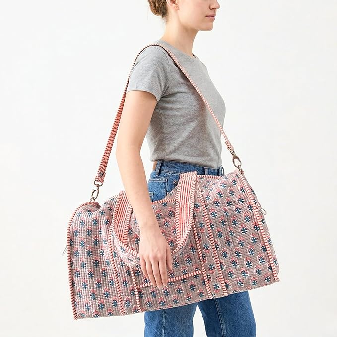ATOSII Handblock Print 100% Cotton Large Quilted Duffle Bag for Overnight Trip, Travel Weekend Bag, Luggage, 2 Pockets with Zipper, 1 Front Pocket, Detachable Long Strap, 20 X 10 X 12 Inches, Pebble