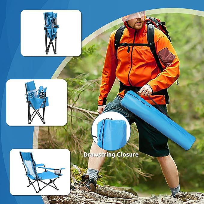 HaSteeL Folding Beach Chair Set of 2, Foldable Blue Camping Chairs for Outside, Low Beach Chair Portable for Adults Fishing, Picnic, Outdoor BBQ, Travel, Sports, Cup Holder & Storage Bag