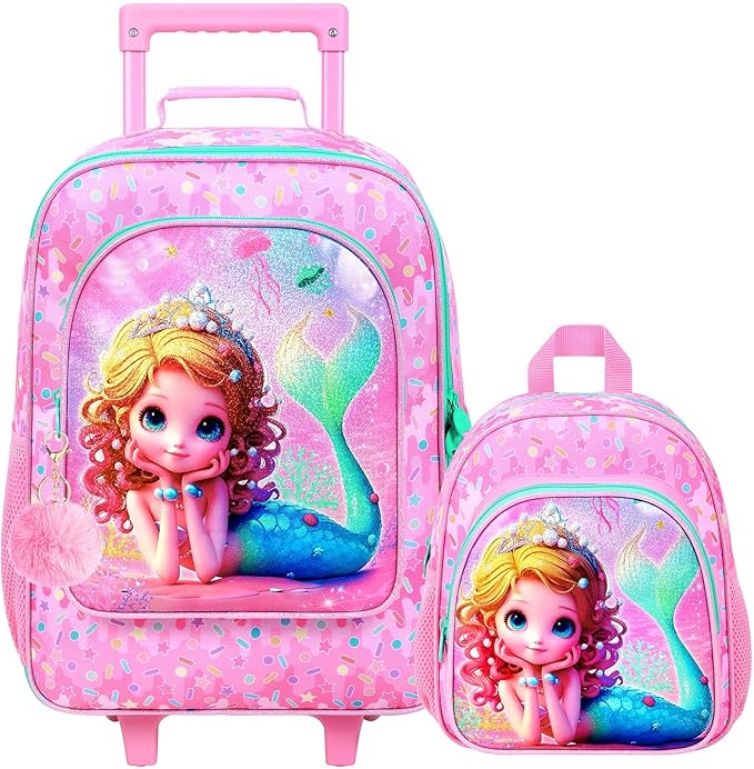 2Pcs Kids Suitcase for Girls, Carry on Rolling Luggage with Wheels, Mermaid Travel Suitcases Set with Toddler Backpack(Pink)