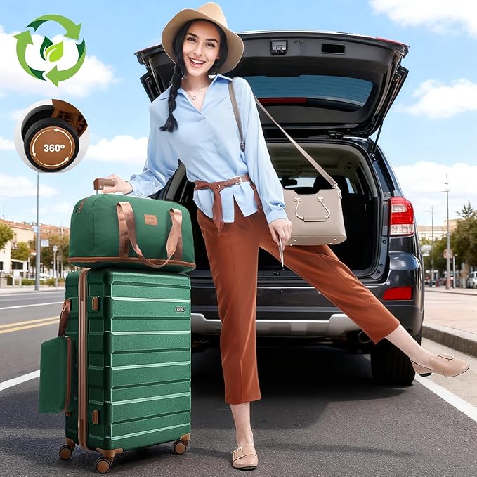 Hoteel Luggage Sets 3 Piece, 4-Year Warranty, Carry-On Luggage with Dual-Spinner Wheels, ABS Hard Shell Suitcase with TSA Locks, 20 Inch Lightweight Luggages for Travel, Green(20IN/DB/TB)